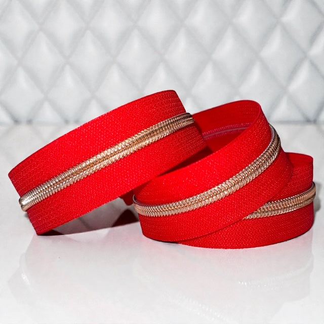 Cherry Red #5 Nylon Zipper Tape with Rose Gold Coil (Sold by the Yard)