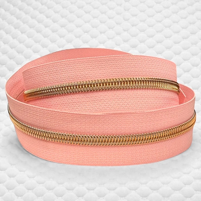 Light Pink Nylon Zipper Tape with Rose Gold Coil (Sold By the Yard)
