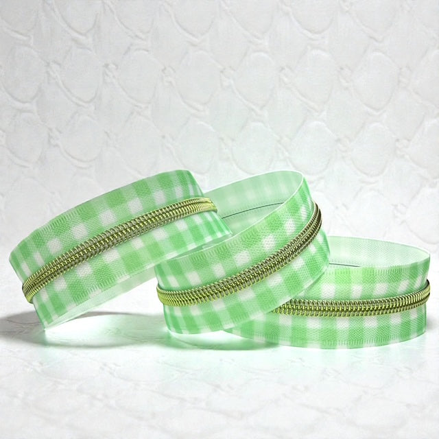 Green Gingham Print #5 Nylon Zipper Tape with Black Coil (Sold by the Yard)