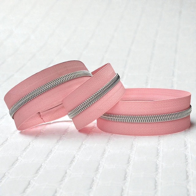 Light Pink Nylon Zipper Tape with Silver Coil (Sold By the Yard)