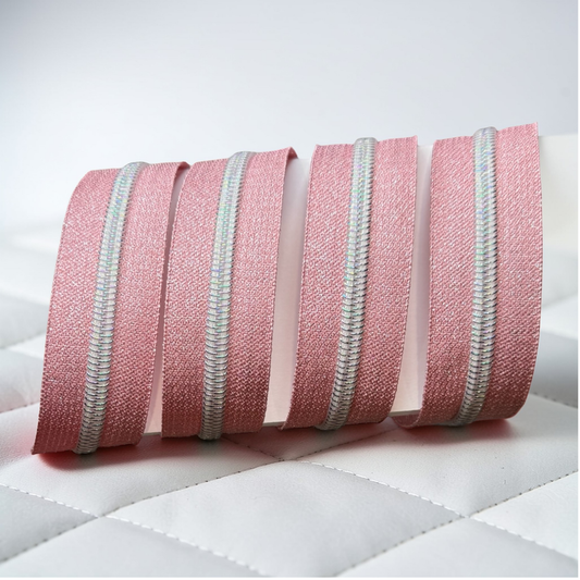 Pink Shimmer Zipper Tape – Silver Teeth (#5 Nylon, Sold by the Yard)