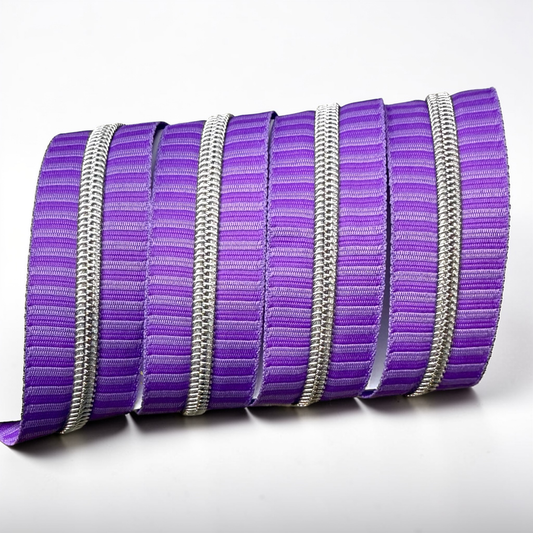 Purple Striped #5 Nylon Zipper Tape – Silver Coil Teeth (Sold by the Yard)