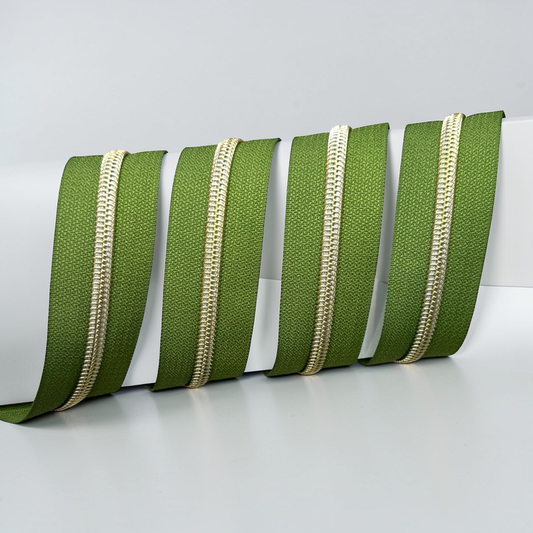 Olive Green #5 Nylon Zipper Tape – Gold Coil Teeth (Sold by the Yard)