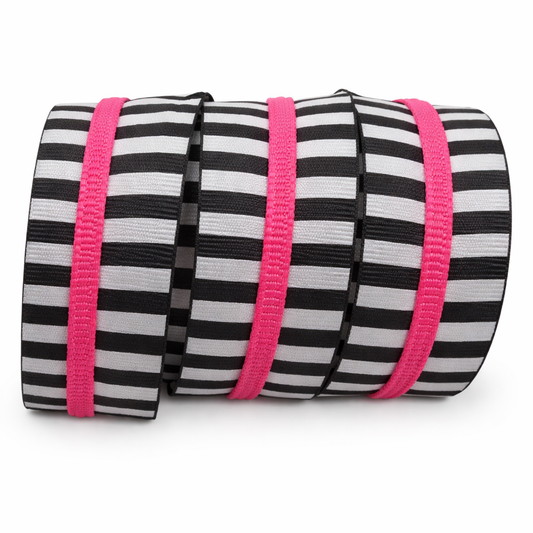 Striped White and Black #5 Nylon Zipper Tape with Hot Pink Teeth – (Sold by the Yard)
