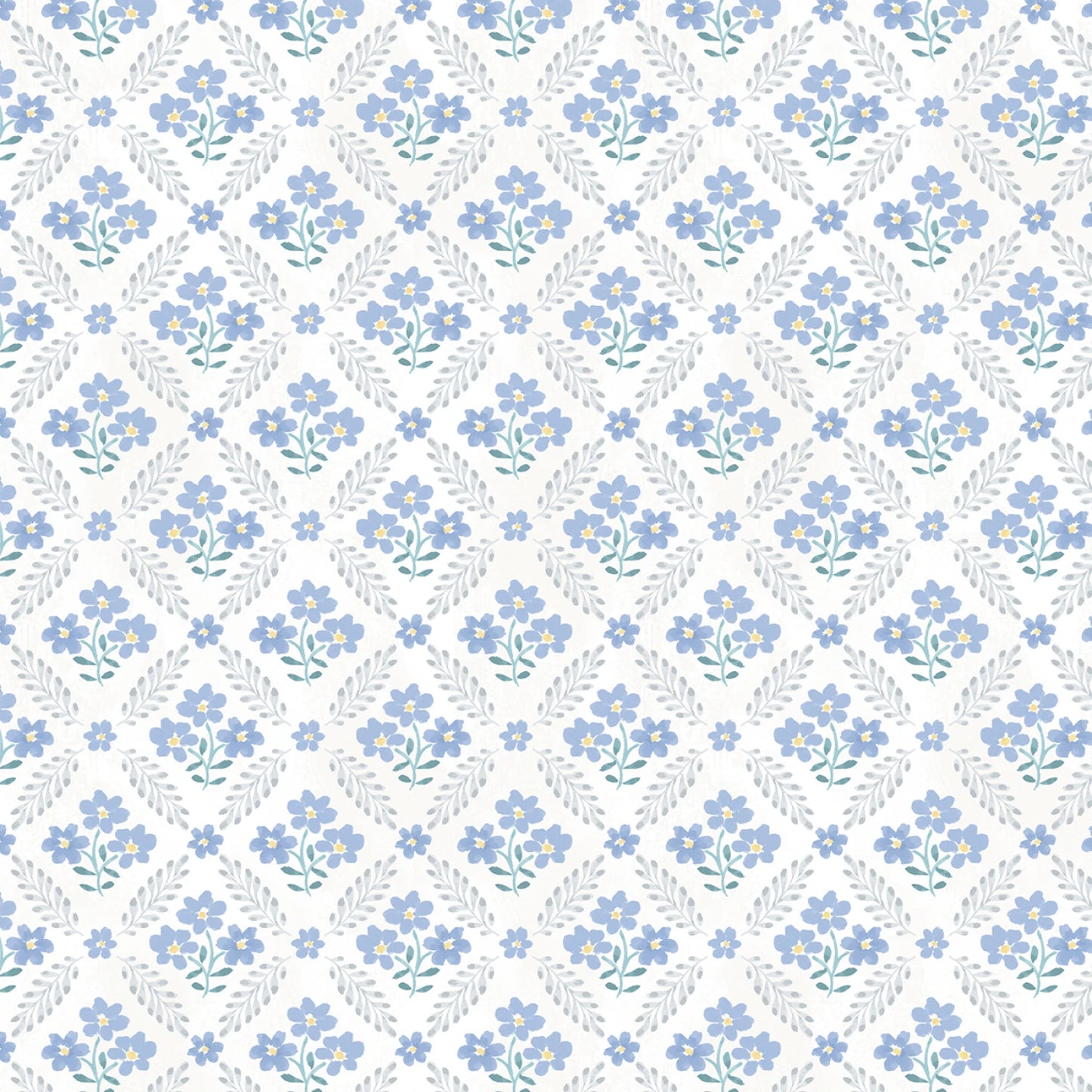 Cream-Multi Floral Grid Fabric – Soft Blue Floral Pattern on Cream Background