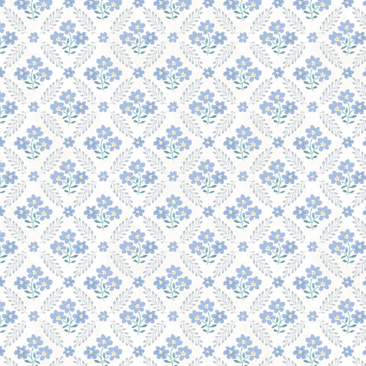 Cream-Multi Floral Grid Fabric – Soft Blue Floral Pattern on Cream Background