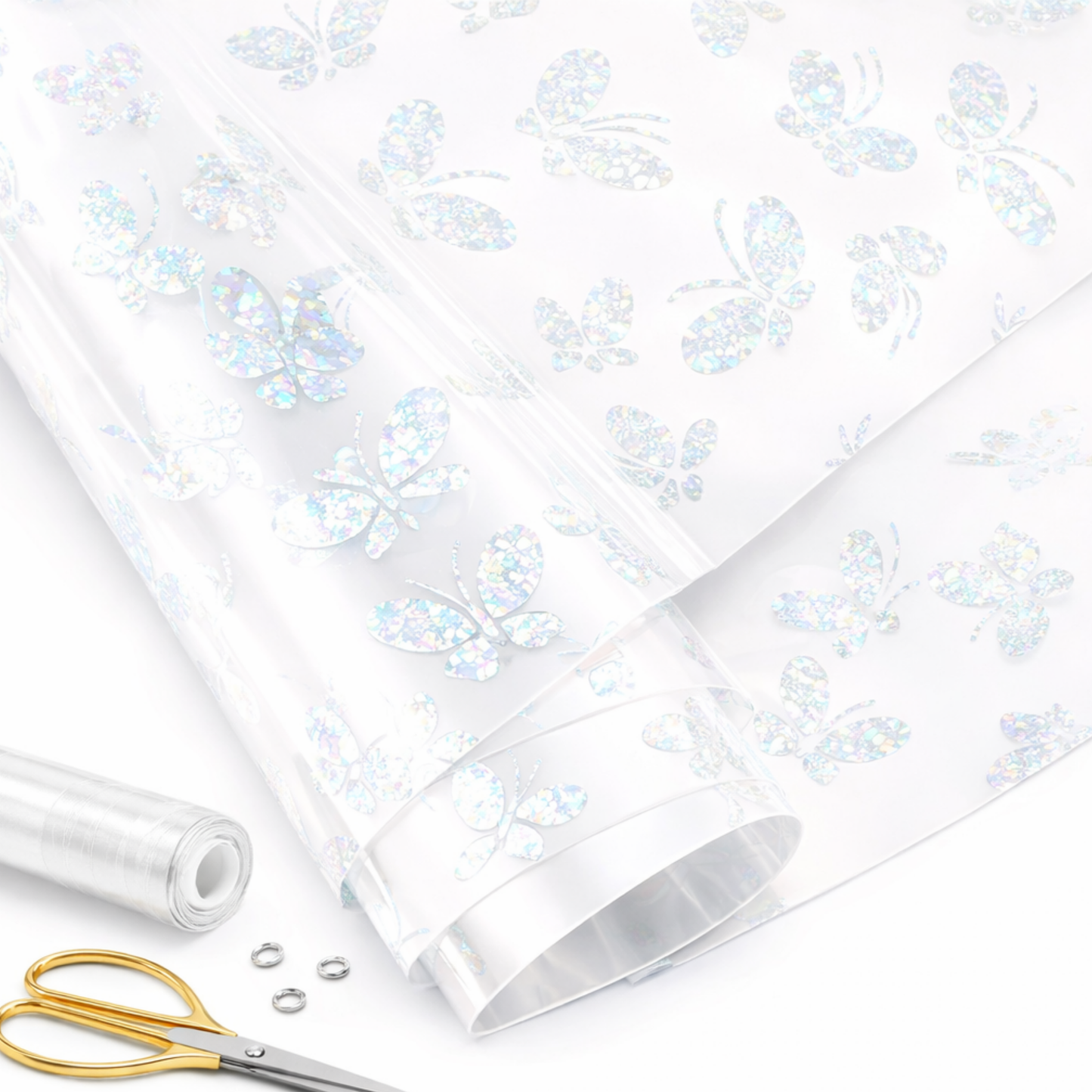 Milky White Holographic Butterfly Vinyl – Semi-Transparent PVC Fabric (Iridescent Finish)