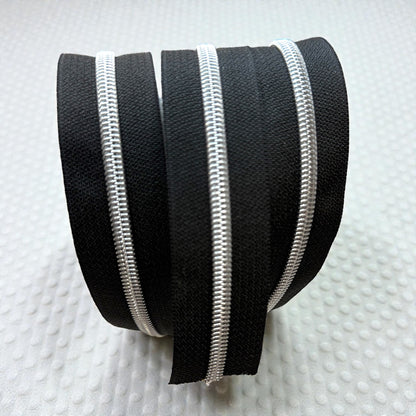 Jet Black #5 Nylon Zipper Tape with Silver Coil (Sold by the Yard)