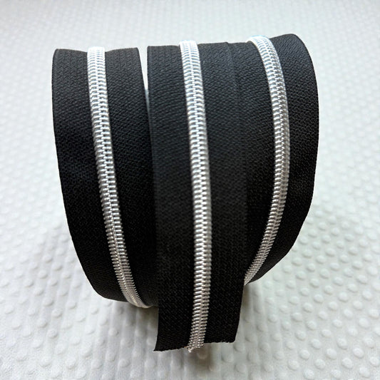 Jet Black #5 Nylon Zipper Tape with Silver Coil (Sold by the Yard)