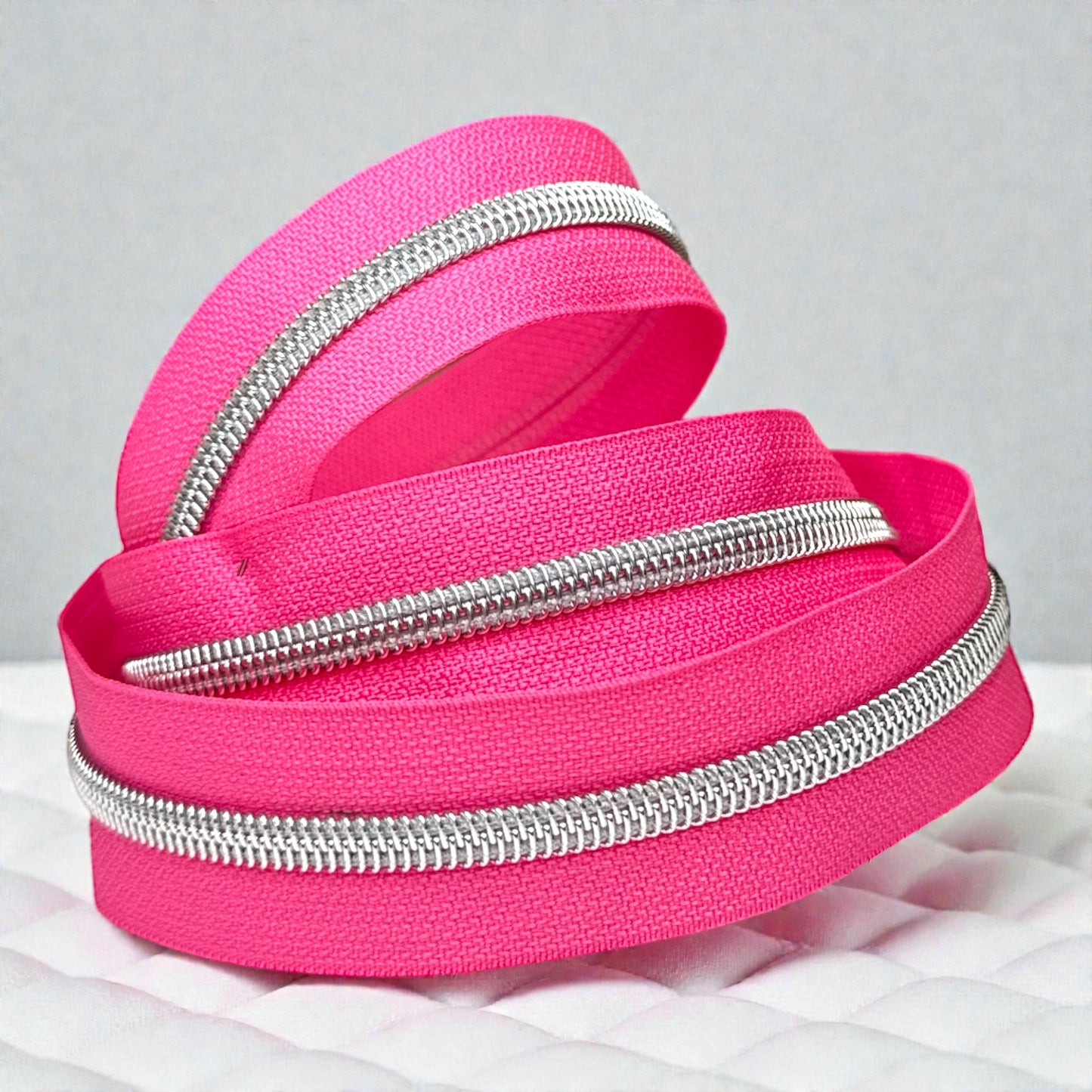 Hot Pink Nylon Zipper Tape with Silver Coil (Sold By the Yard)