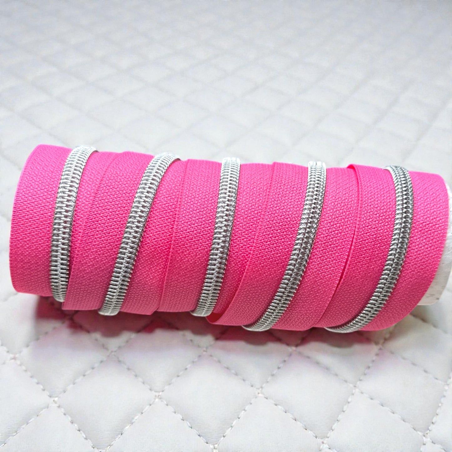 Hot Pink Nylon Zipper Tape with Silver Coil (Sold By the Yard)