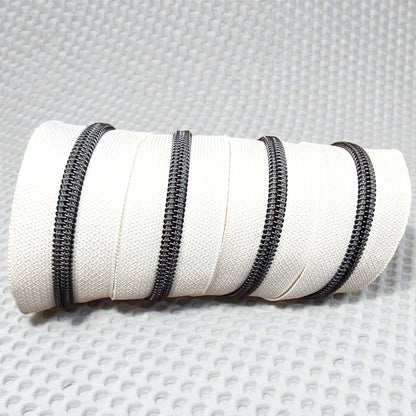White #5 Nylon Zipper Tape with Black Coil (Sold by the Yard)