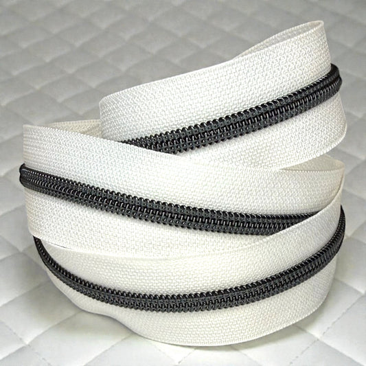 White #5 Nylon Zipper Tape with Black Coil (Sold by the Yard)