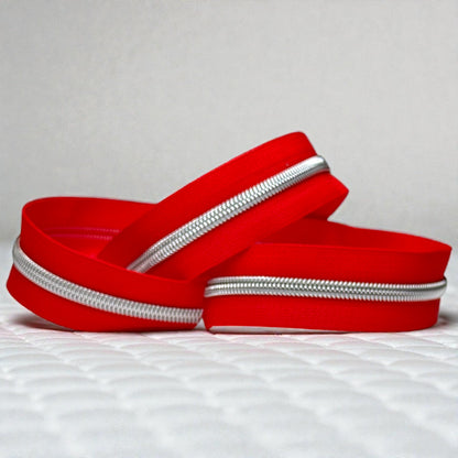 Cherry Red #5 Nylon Zipper Tape with Silver Coil (Sold by the Yard)