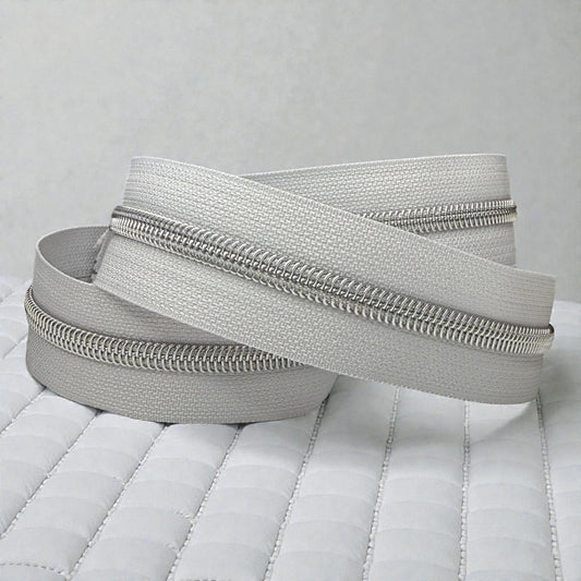 Soft Dove Gray #5 Nylon Zipper Tape with Silver Coil (Sold by the Yard)