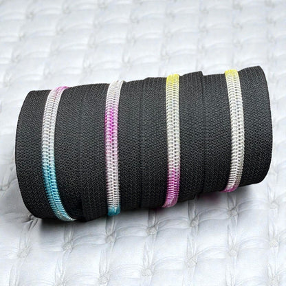 Black #5 Nylon Zipper Tape with Rainbow Coil (Sold by the Yard)