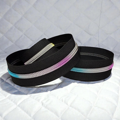 Black #5 Nylon Zipper Tape with Rainbow Coil (Sold by the Yard)