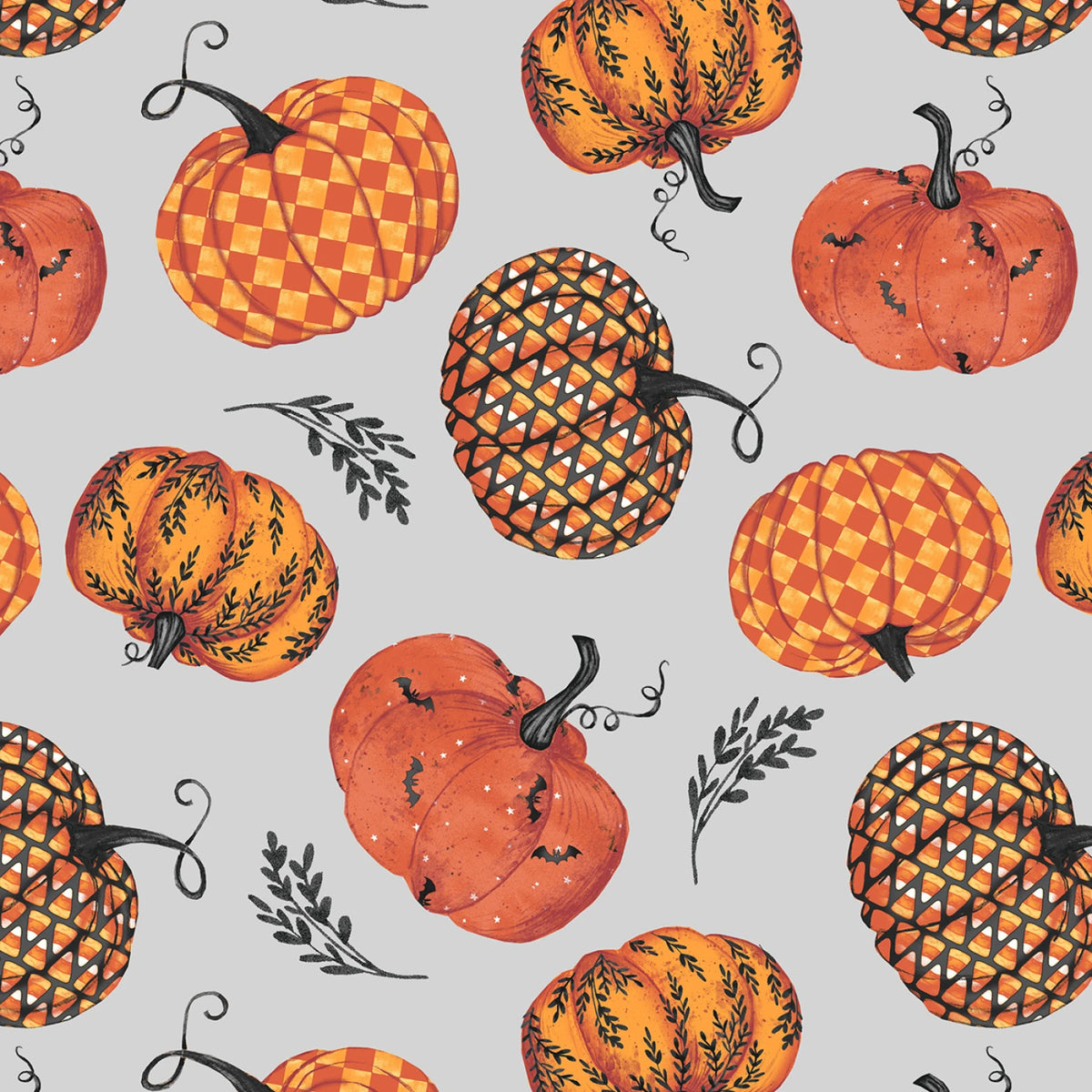 Whimsical Pumpkin Patch – Light Gray | 100% Cotton Fabric