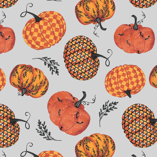 Whimsical Pumpkin Patch – Light Gray | 100% Cotton Fabric