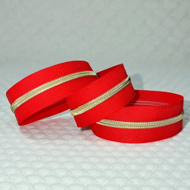 Cherry Red #5 Nylon Zipper Tape- Multiple Metal Finishes Available (Sold by the Yard)