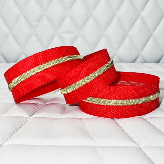 Cherry Red #5 Nylon Zipper Tape with Gold Coil (Sold by the Yard)
