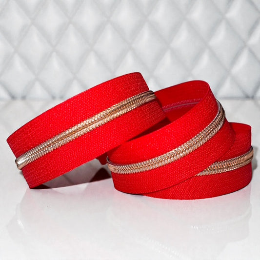 Cherry Red #5 Nylon Zipper Tape with Rose Gold Coil (Sold by the Yard)