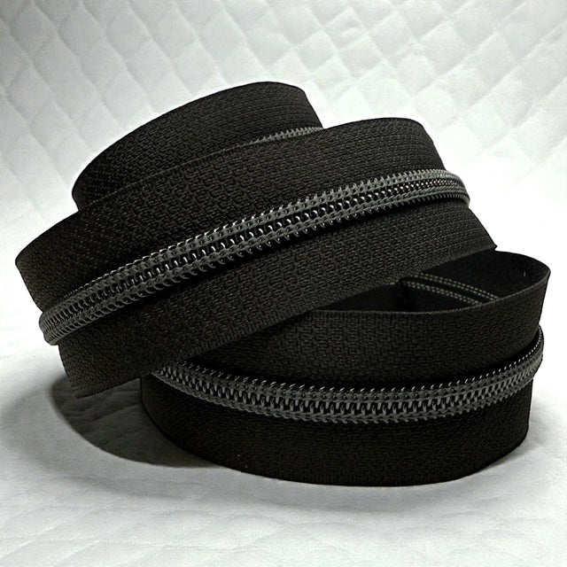 Classic Black #5 Nylon Zipper Tape- Multiple Metal Finishes Available (Sold by the Yard)
