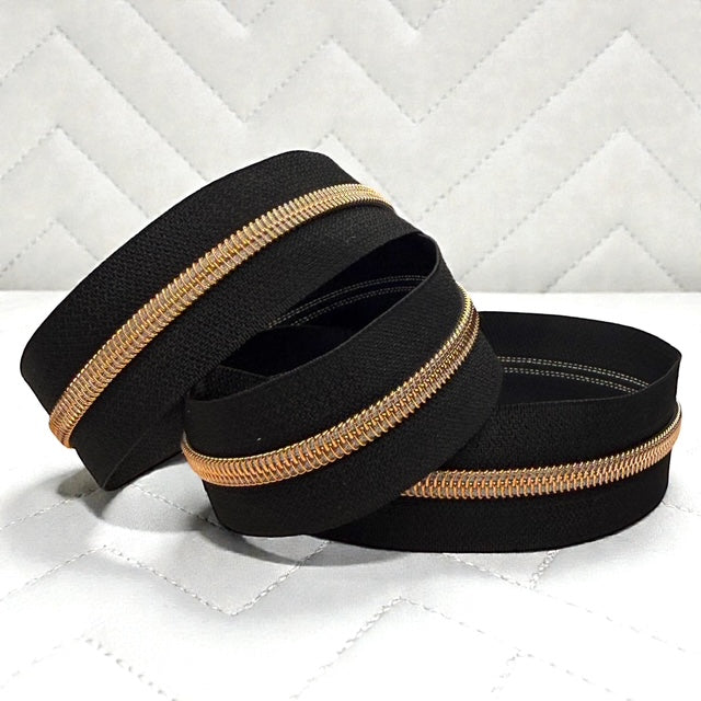 Classic Black #5 Nylon Zipper Tape with Rose Gold Coil (Sold by the Yard)