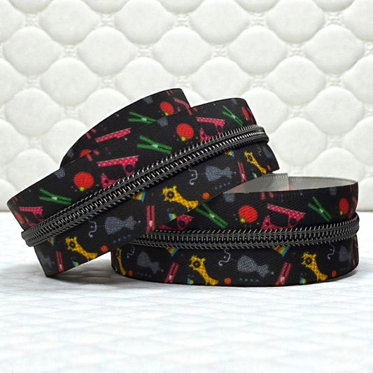 Sew Cute Notions Print #5 Nylon Zipper Tape with Black Coil (Sold by the Yard)