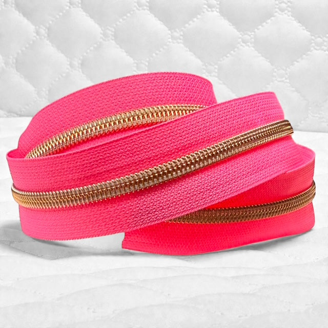 Hot Pink Nylon Zipper Tape with Rose Gold Coil (Sold By the Yard)