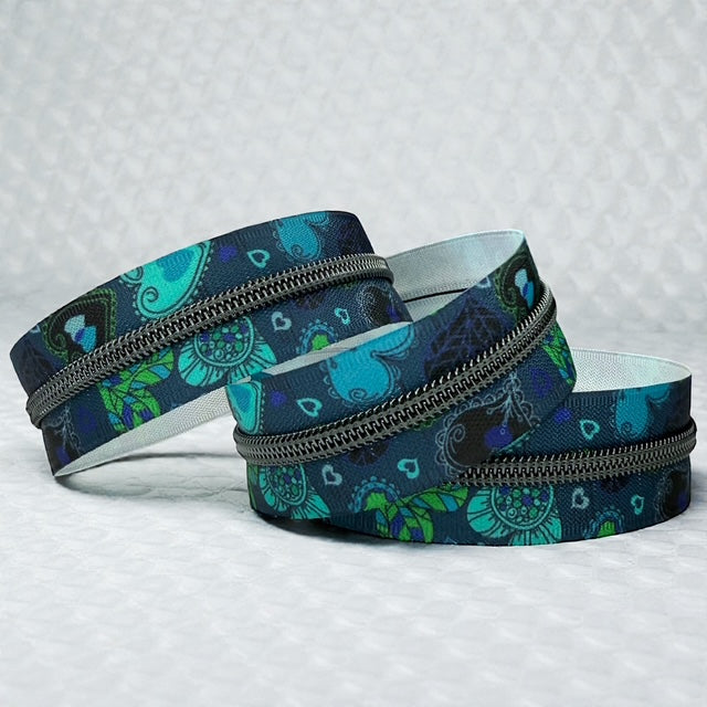 Deep Teal Boho Floral Print #5 Nylon Zipper Tape with Black Coil (Sold by the Yard)