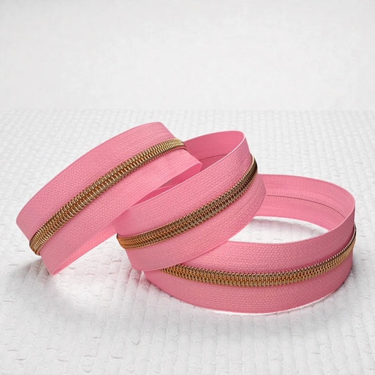 Pink Nylon Zipper Tape with Rose Gold Coil (Sold By the Yard)