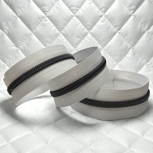 Soft Dove Gray #5 Nylon Zipper Tape with Black Coil (Sold by the Yard)
