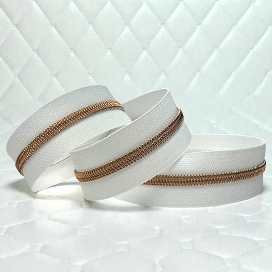 White #5 Nylon Zipper Tape with Rose Gold Coil (Sold by the Yard)