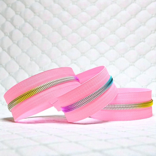 Pink Nylon Zipper Tape with Rainbow Coil (Sold By the Yard)
