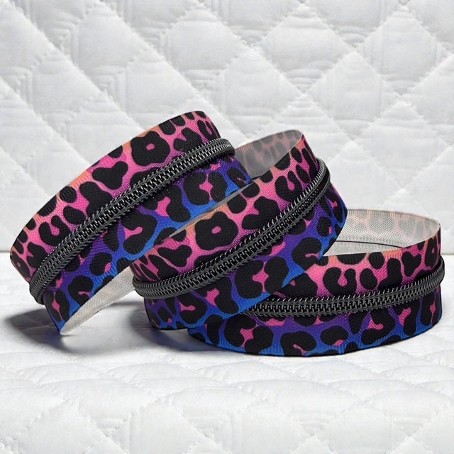 Pink & Blue Leopard Print#5 Nylon Zipper Tape with Black Coil (Sold by the Yard)
