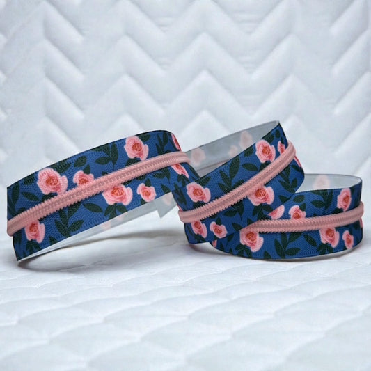 Navy Rose Floral Print #5 Nylon Zipper Tape with Pink Coil (Sold by the Yard)