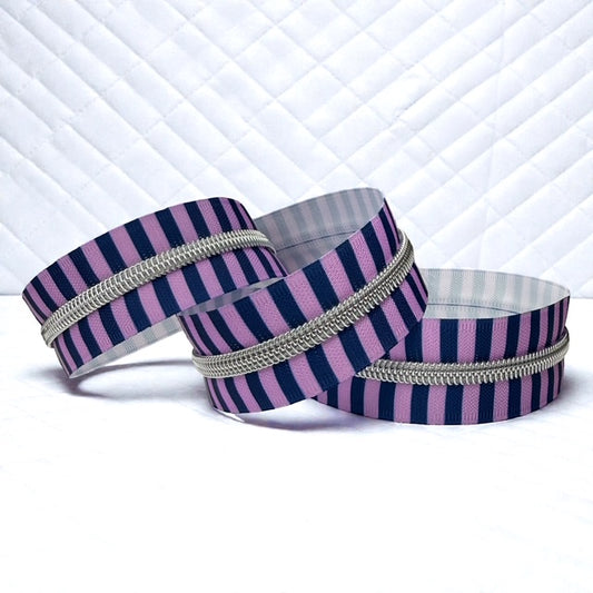 Midnight Navy & Rose Stripe Print #5 Nylon Zipper Tape with Silver Coil (Sold by the Yard)