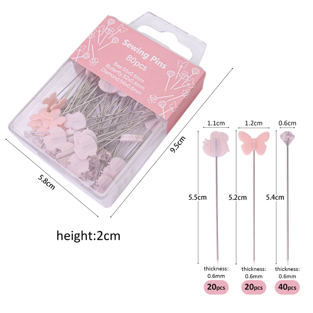 Aesthetic Sewing Pins Set – 80pcs Pop-Up Head Dressmaker Pins (Butterfly, Bee & Diamond)