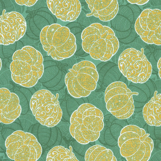 Eucalyptus & Metallic Gold Pumpkins Cotton Fabric | Fall Harvest Fabric