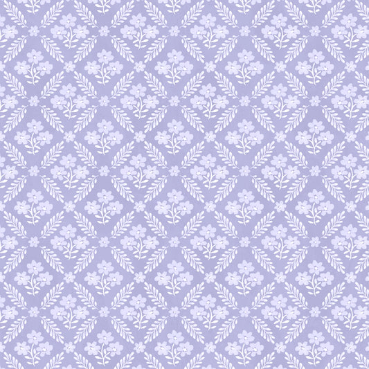 Purple Tonal Floral Grid Fabric – 100% Cotton Soft Lavender Floral Pattern