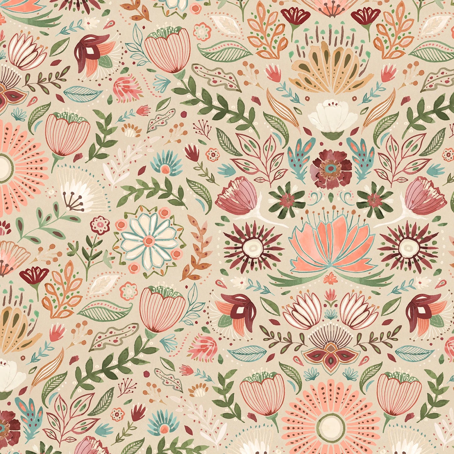 Tan Floral Damask Fabric – 100% Cotton Multi Floral Pattern on Warm Neutral Background