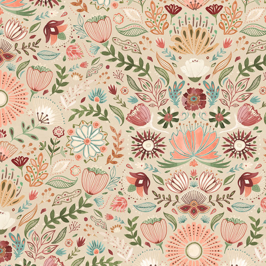 Tan Floral Damask Fabric – 100% Cotton Multi Floral Pattern on Warm Neutral Background