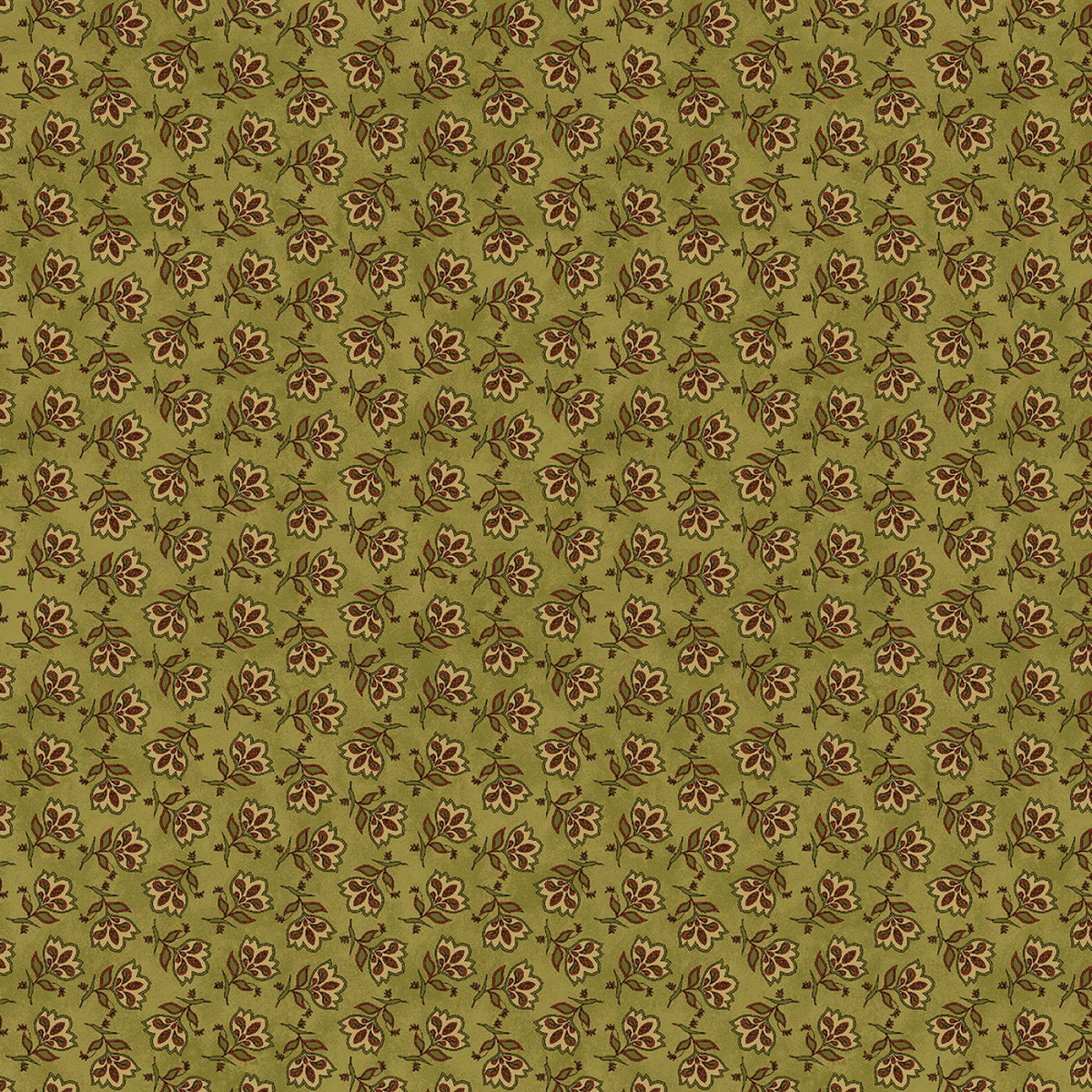 Tossed Jacobean Flower Green Cotton Fabric | Vintage Floral Fabric