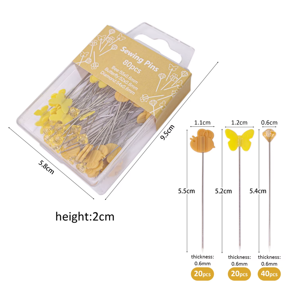Aesthetic Sewing Pins Set – 80pcs Pop-Up Head Dressmaker Pins (Butterfly, Bee & Diamond)